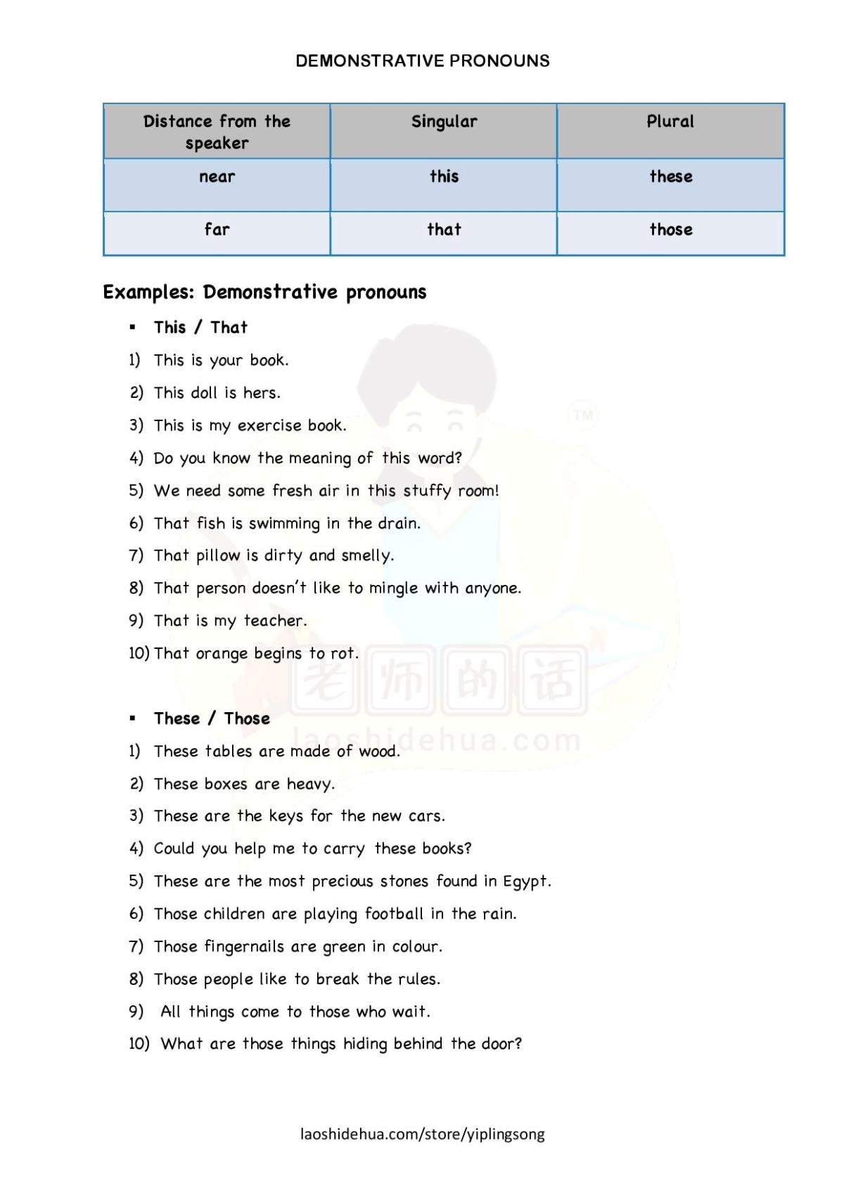 [English] Demonstrative Pronouns | Note and Exercise – 老师的话 lao shi de hua