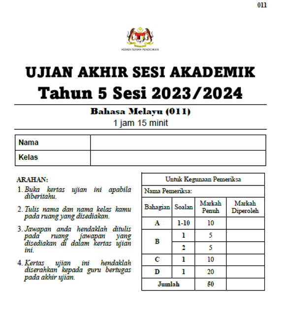 5年级 马来文 Tahun 5 Bahasa Melayu UASA 2023/2024 1 SET - Image 2