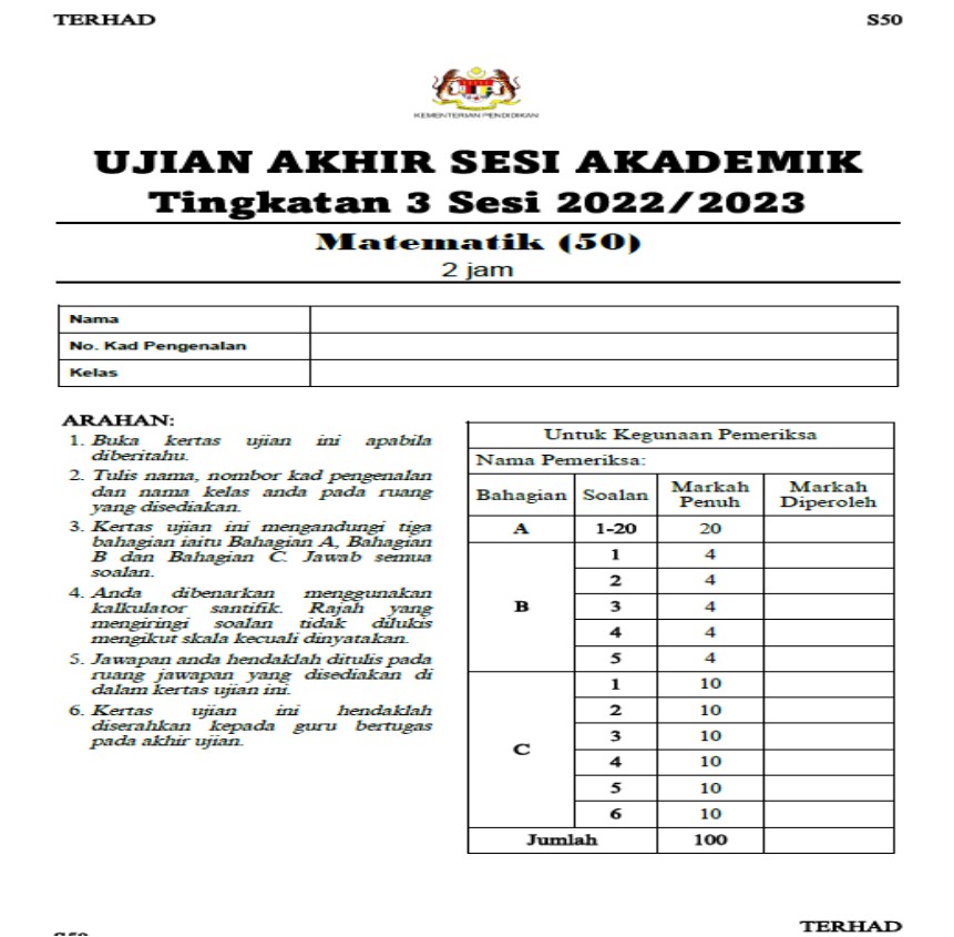Tingkatan 3 UASA Matematik (Dwibahasa) 2022/2023 1 SET 2023/2024 2 SET - Image 2