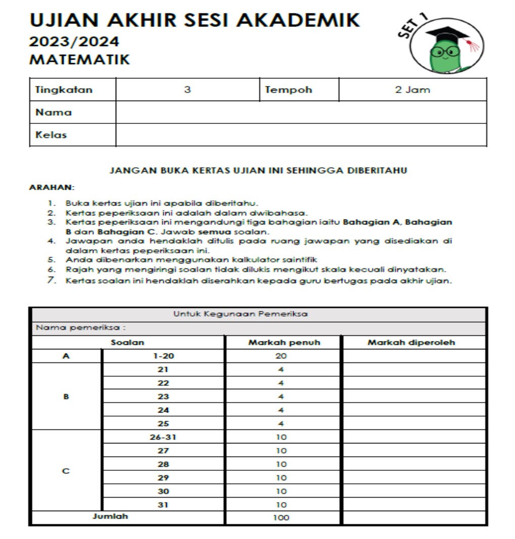 Tingkatan 3 UASA Matematik (Dwibahasa) 2022/2023 1 SET 2023/2024 2 SET - Image 3