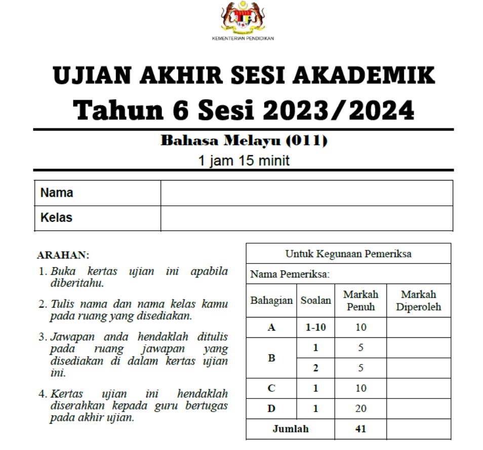6年级 马来文 Tahun 6 Bahasa Melayu UASA 2023/2024 (4 SET) - Image 2
