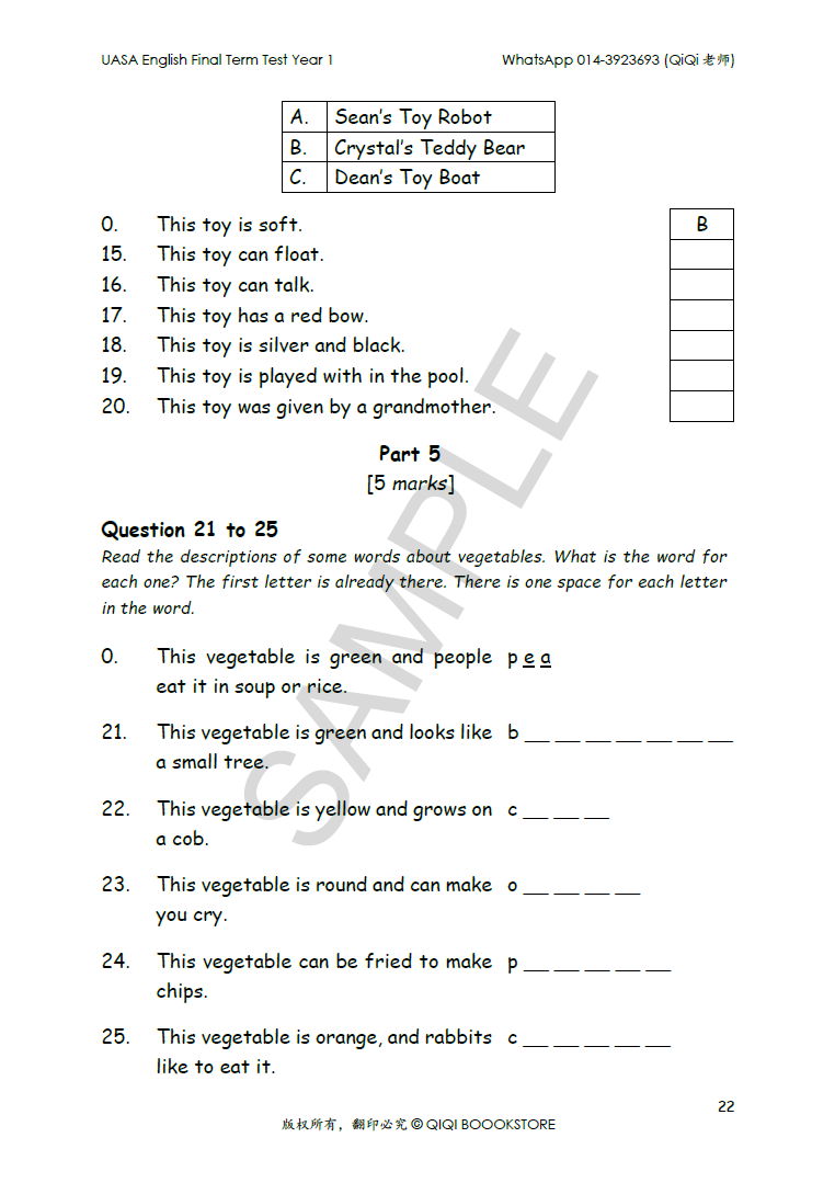 UASA English Final Term Test Year 1/2/3/4/5/6 - Image 7