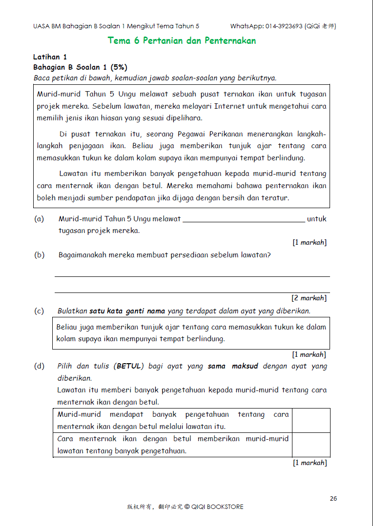 【Bahasa Melayu Tahun 4/5/6】 UASA BM Soalan 1 Tatabahasa & Pemahaman Petikan Mengikut Tema - Image 11