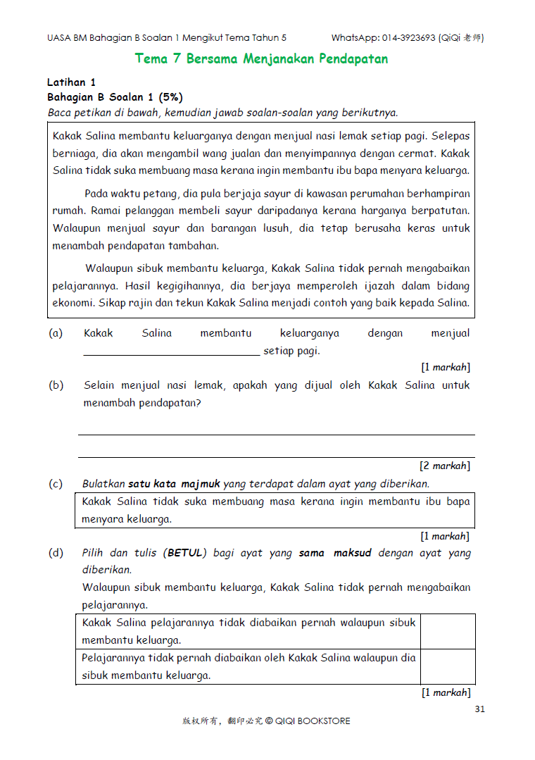 【Bahasa Melayu Tahun 4/5/6】 UASA BM Soalan 1 Tatabahasa & Pemahaman Petikan Mengikut Tema - Image 12